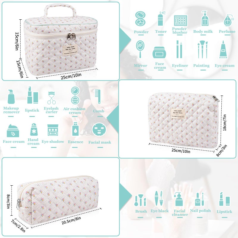 Gosect Floral Quilted Makeup Bag Set  3 Sizes  Travel & Daily Use  Women's Cotton Cosmetic Bag - Image 2
